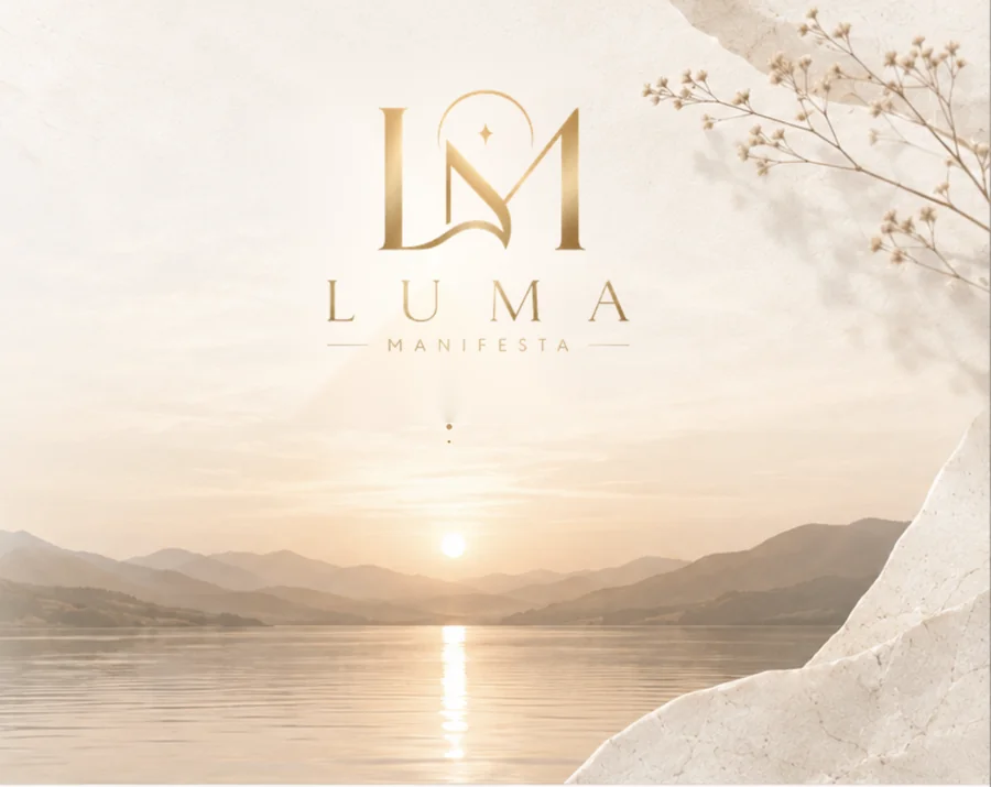 LUMA MANIFESTA 標誌與日出湖景 LUMA MANIFESTA logo over a sunrise lake