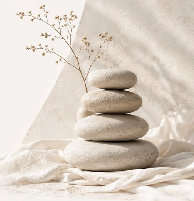 疊放的石頭與乾燥花 Stacked stones with dried flowers